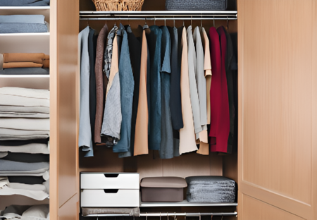 クローゼット内の衣類と小物